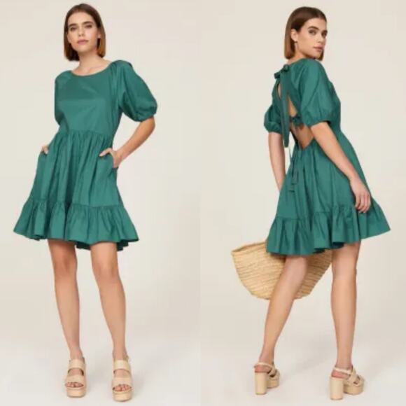 Peter‎ Som Green Puff Sleeve Tiered Mini Dress 10 - Picture 1 of 9